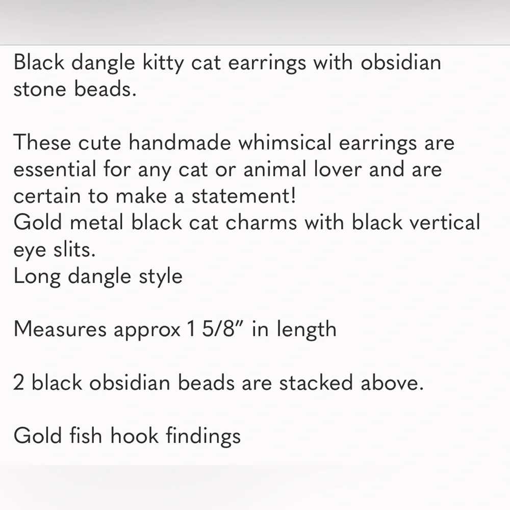 Hand Crafted Earring Cats Obsidian Kitty Black Dangle Pierced - Picture 7 of 8